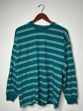 80s London Fog Teal and white Cotton Geometric Pattern long sleeve shirt